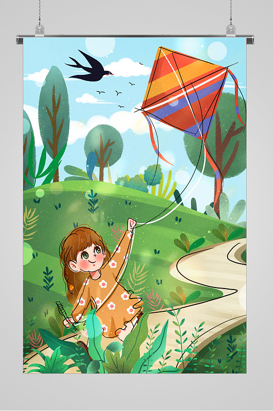 立春放风筝的女孩宣传插画