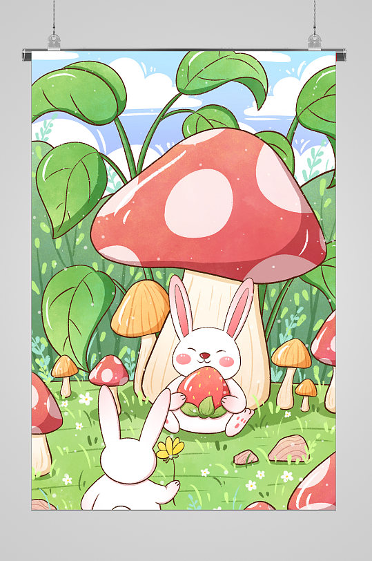 春季蘑菇与兔子节气宣传插画