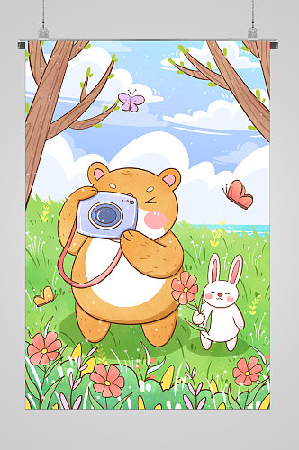 春季可爱小熊拍照宣传插画