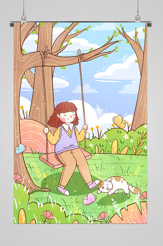 春天荡秋千的女孩宣传插画