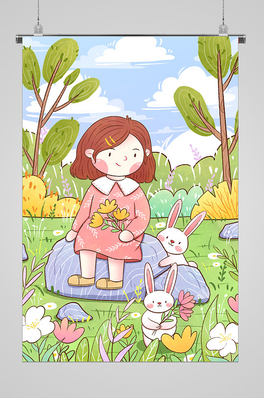 春天里的兔子与女孩宣传插画