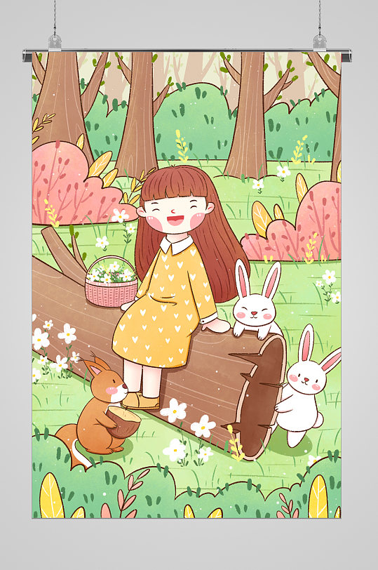 可爱兔子与女孩宣传插画