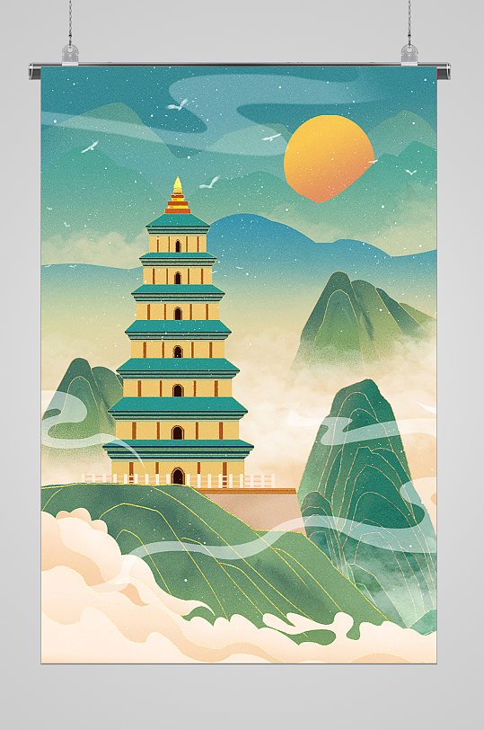 深山塔楼美景宣传插画
