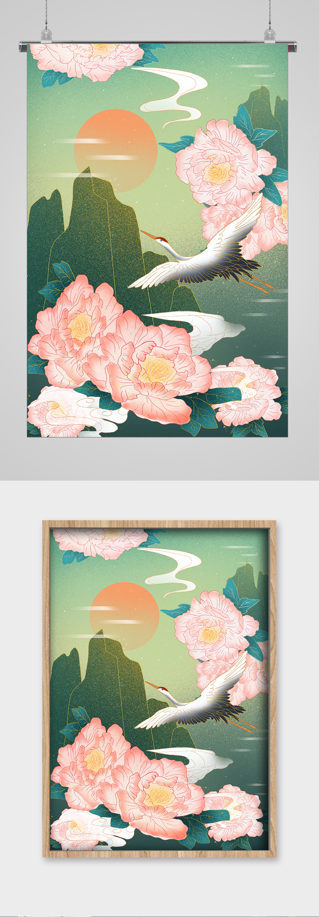 复古背景鲜花仙鹤高端插画素材
