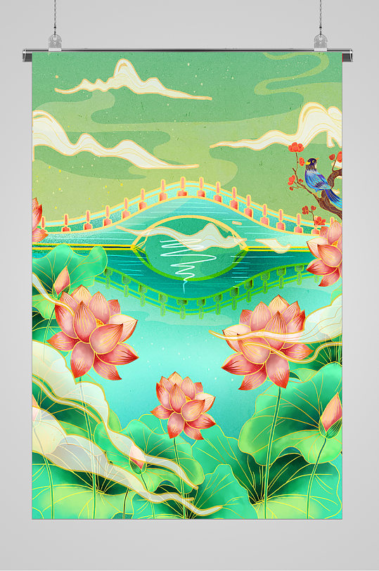 荷塘小橋鮮花美人高端插畫