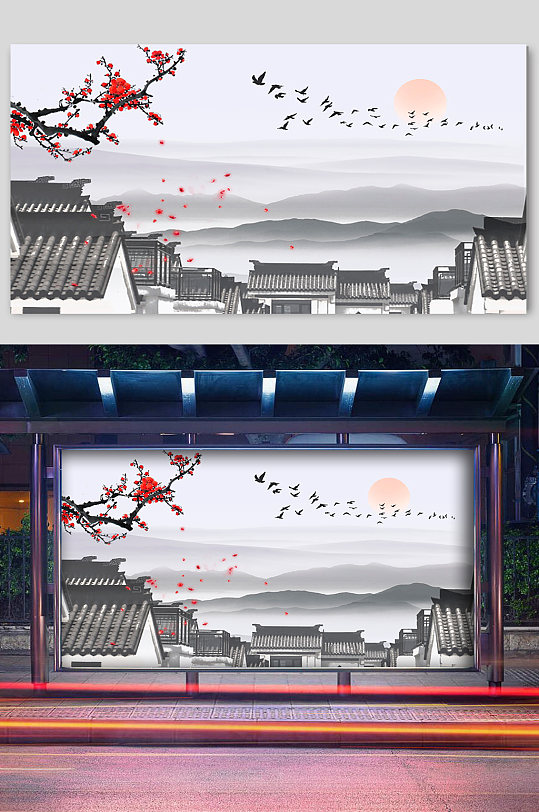 雁南飛江南地方特色建筑宣傳插畫