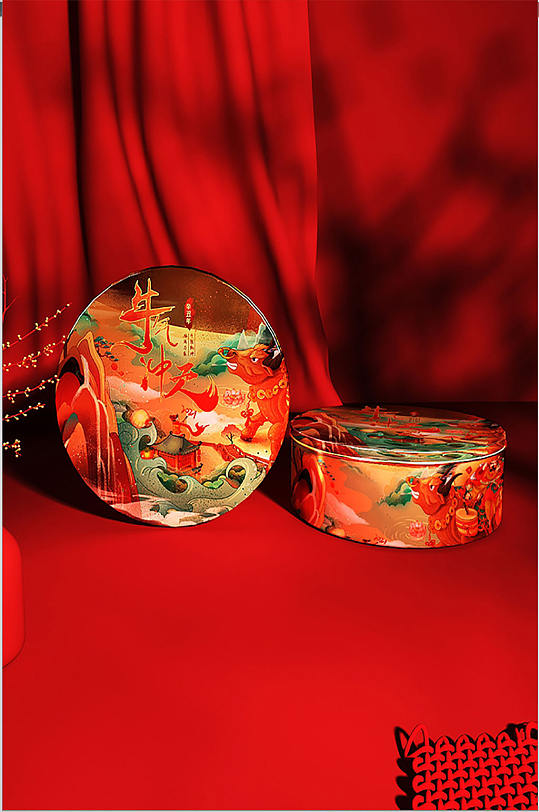 红色圆形礼盒国潮文创样机