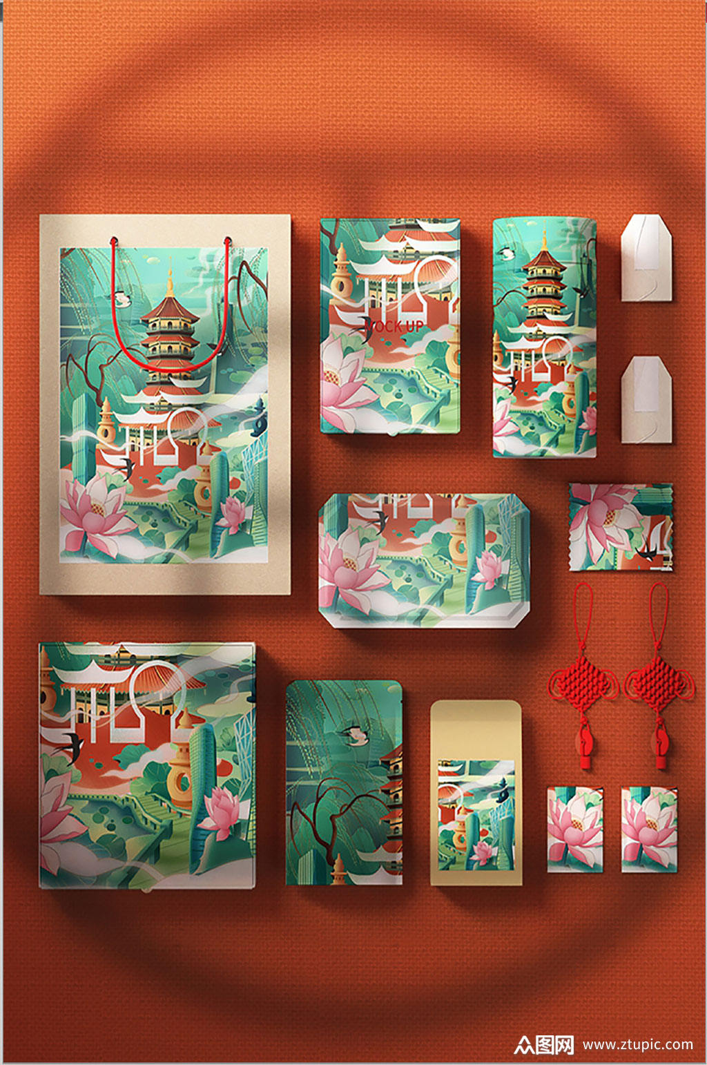 国潮绿色套装国潮文创样机素材