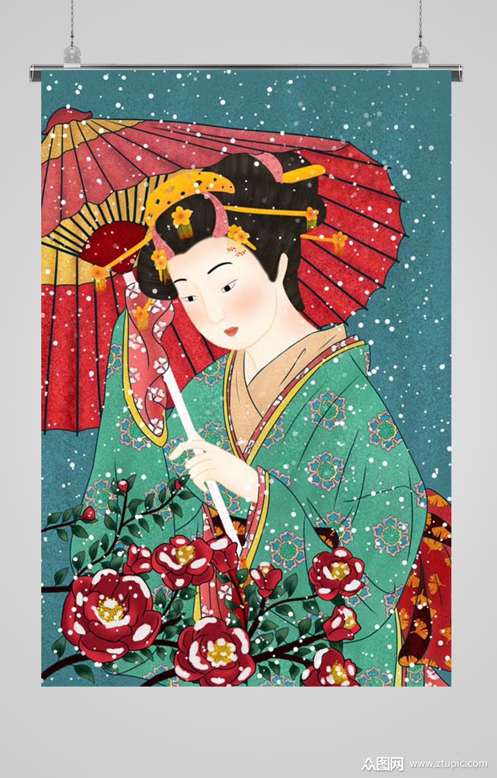 撑伞宫装仕女图日本艺伎花魁