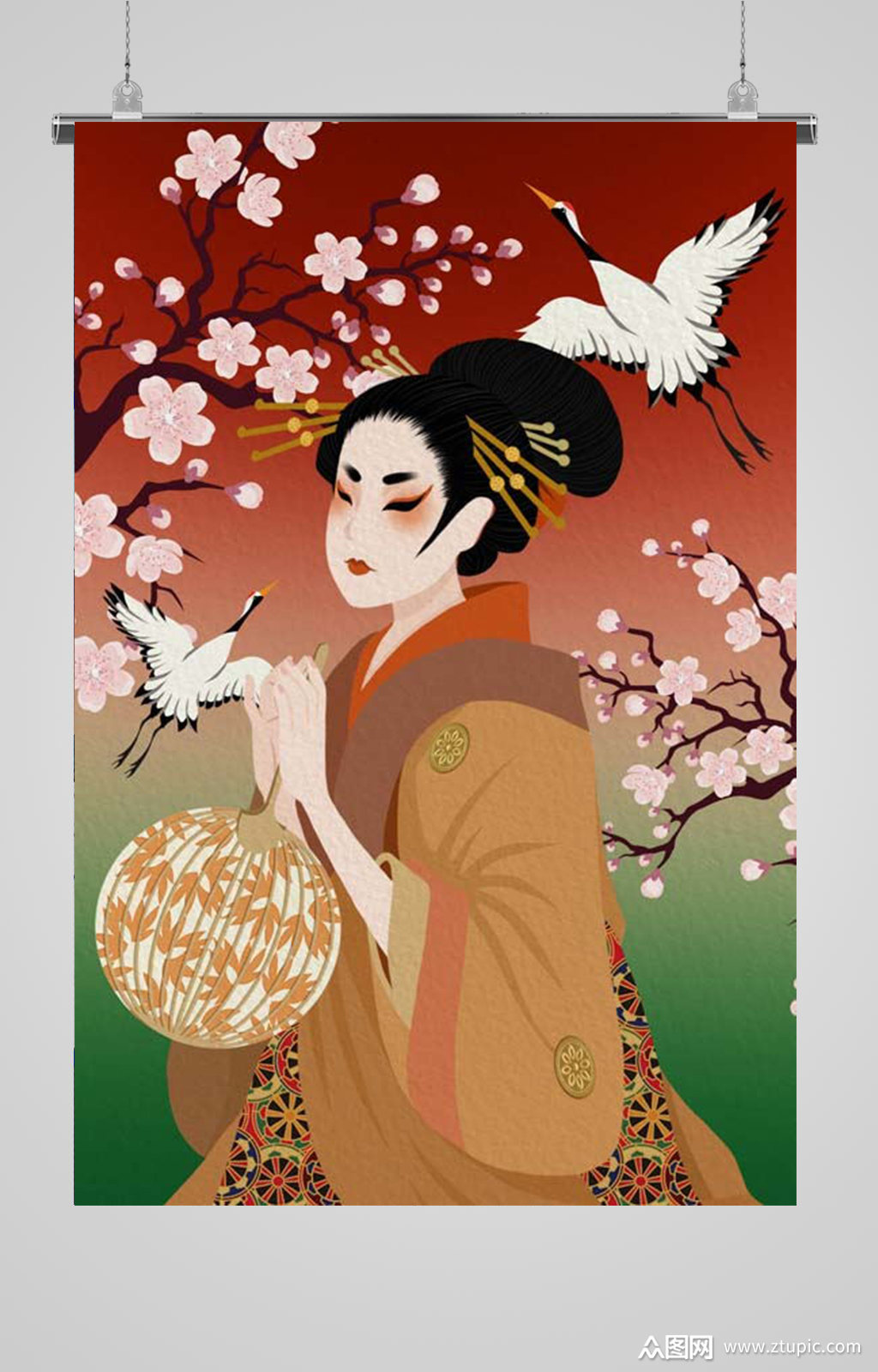 拿着扇子赏花的女人仕女图日本艺伎花魁