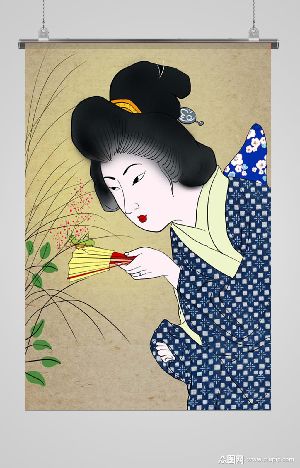 拿着扇子玩螳螂的仕女图日本艺伎花魁