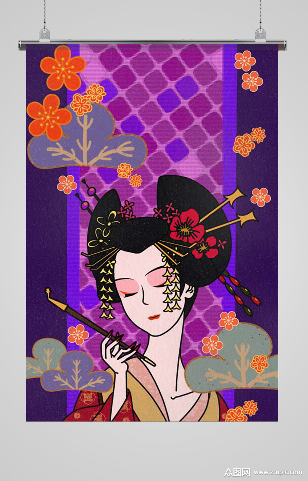 烟枪女人桃花仕女图日本艺伎花魁