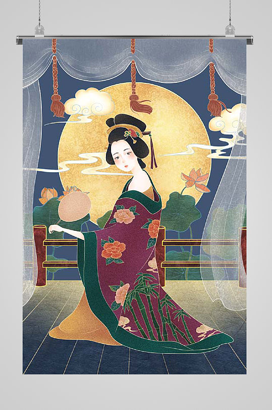 蒲扇与圆月仕女图日本艺伎花魁