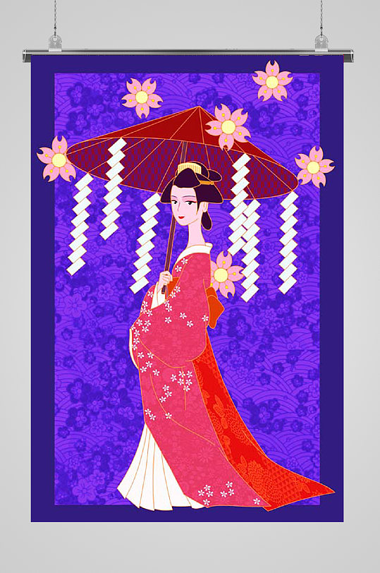 红伞红衣女人仕女图