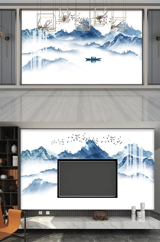 高端蓝色电视背景墙-众图网