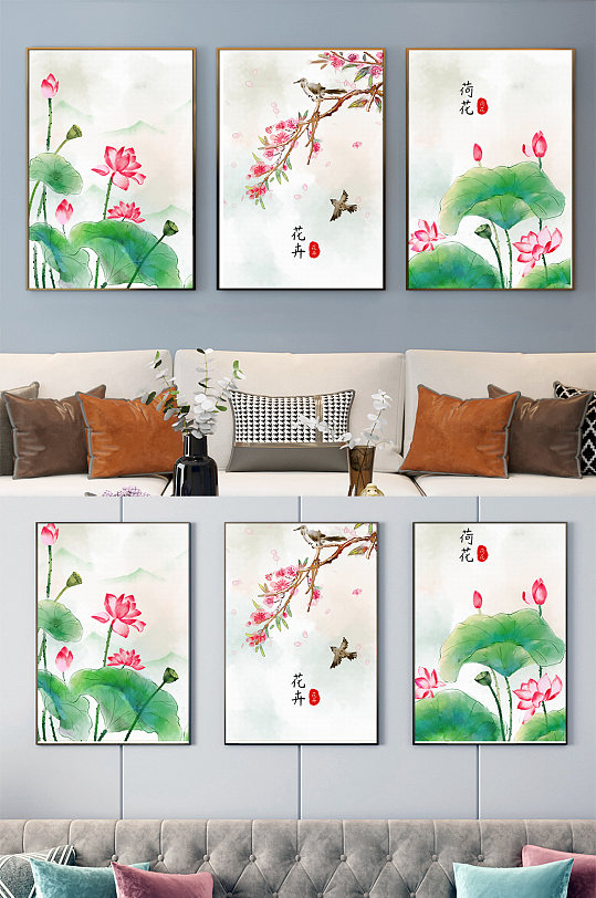 中式水墨荷花装饰画-众图网