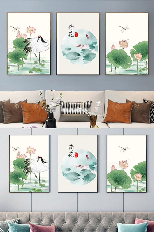 工笔花鸟荷花装饰画-众图网