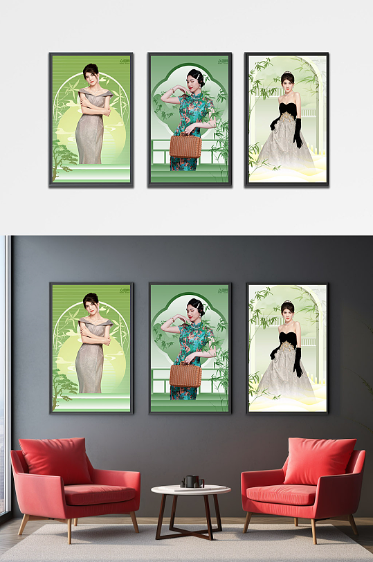 中国风旗袍美女几何轻奢分层装饰画-众图网