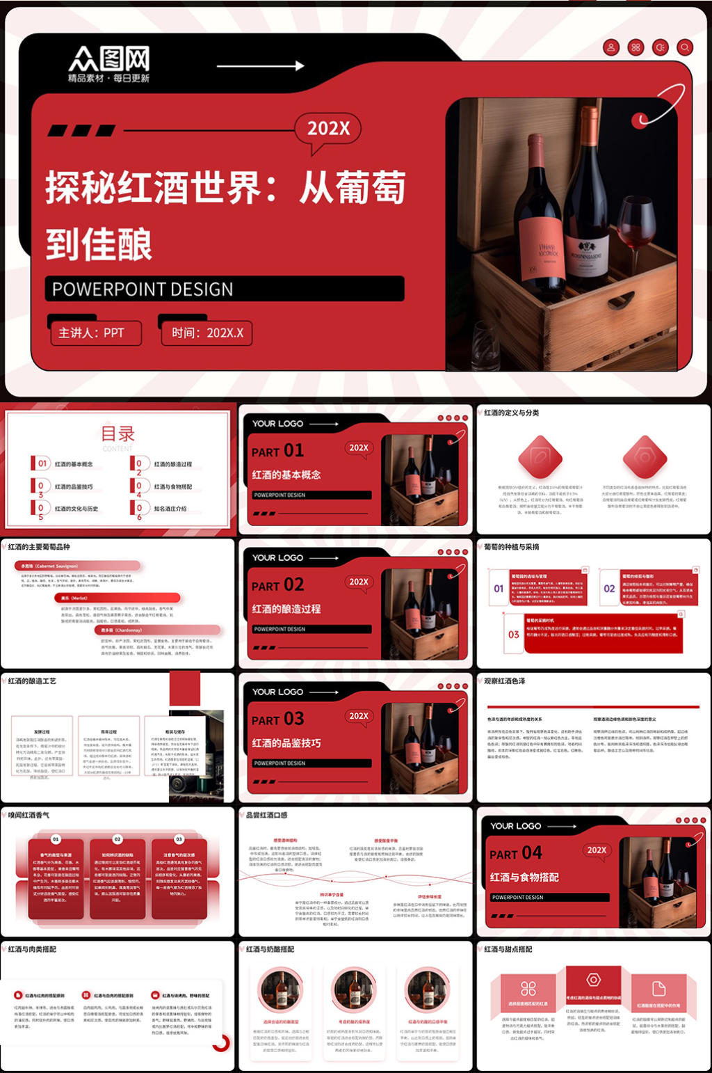 红酒葡萄酒知识酒庄介绍PPT素材