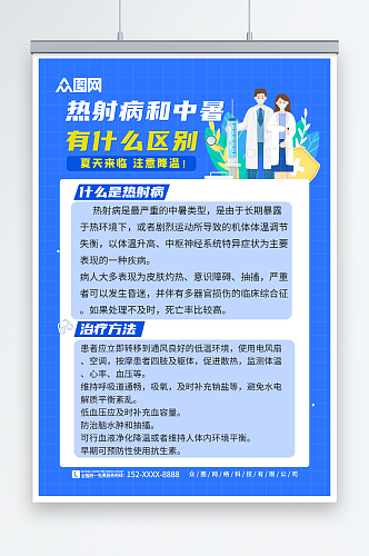 蓝色夏季高温预防热射病医疗科普海报