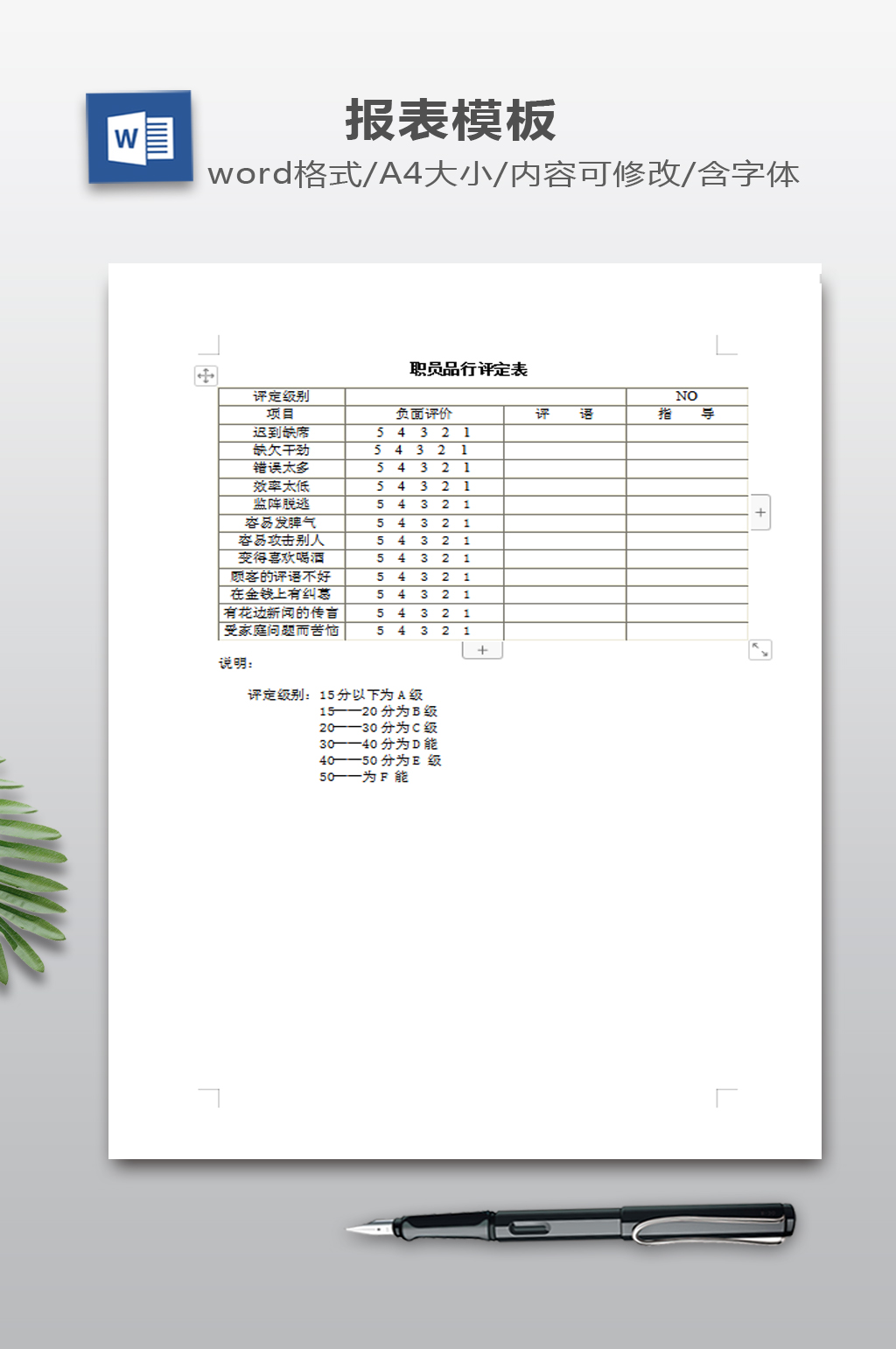 职员品行评定表模板素材