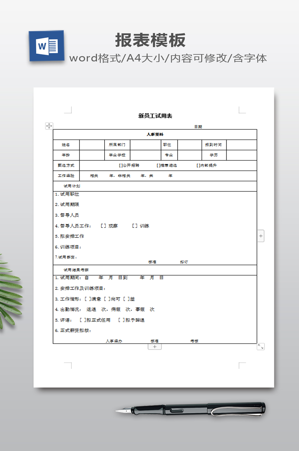 新员工试用表模板下载素材
