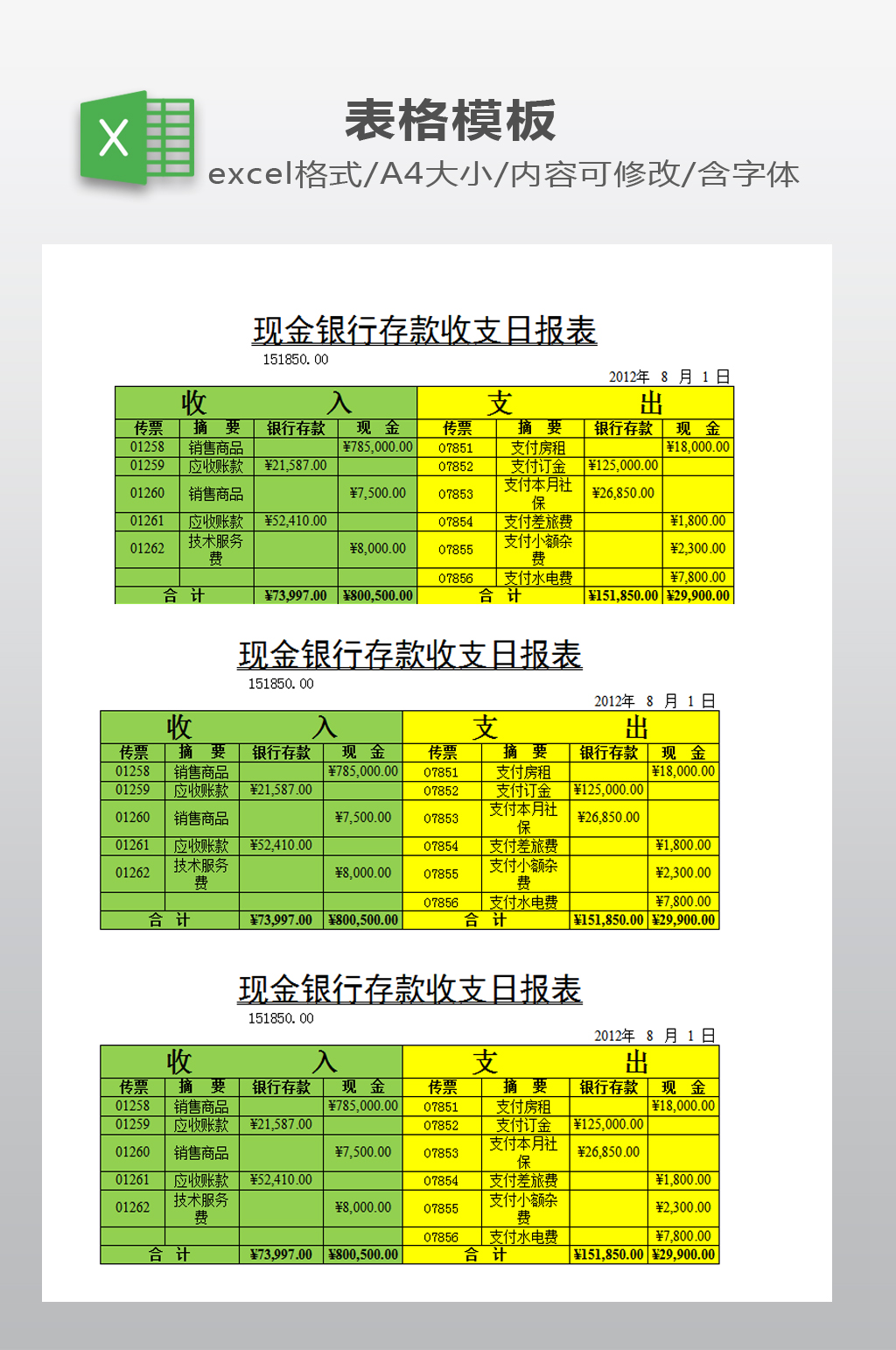 现金银行存款收支表素材