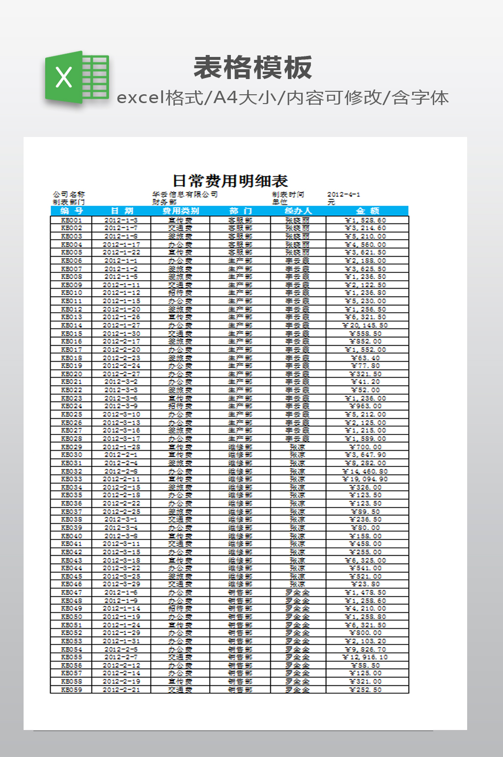 日常费用明细表下载素材
