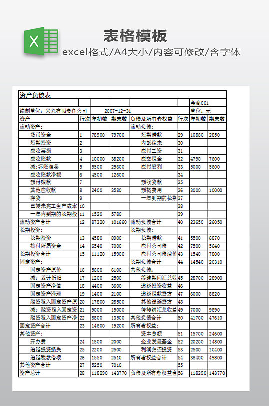 资产负债表模板下载