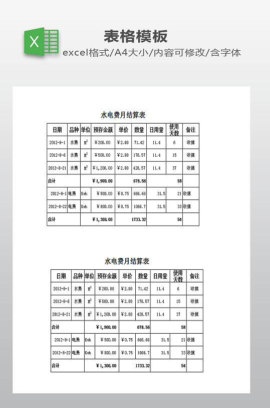 水电费月结算模板
