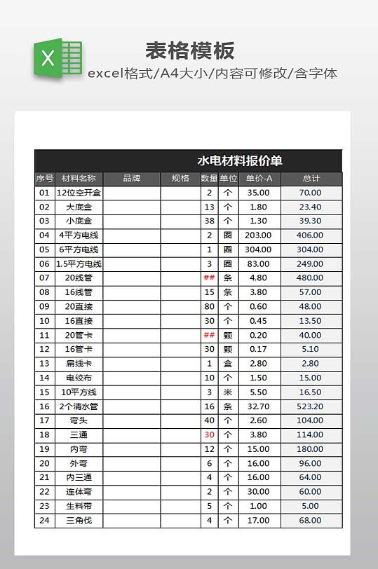 水电材料报价单下载-众图网