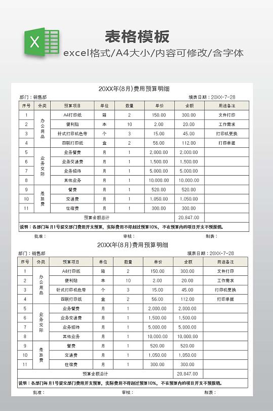 费用预算表明细下载-众图网