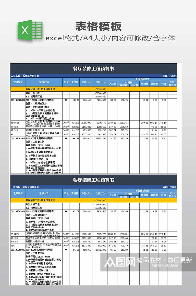 餐厅装修工程预算表素材