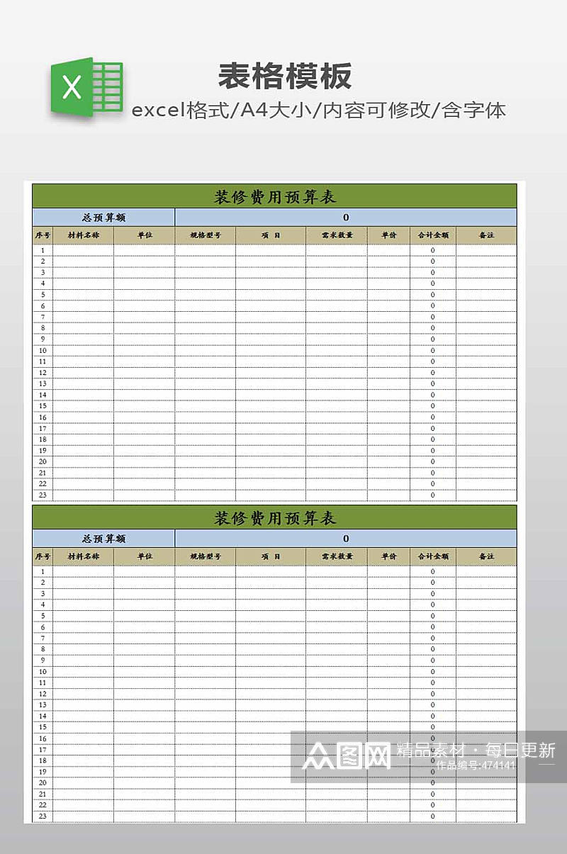装修费用预算表模板素材