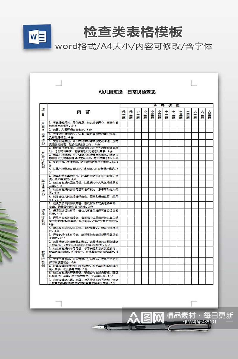 幼儿园班级一日常规检查表素材