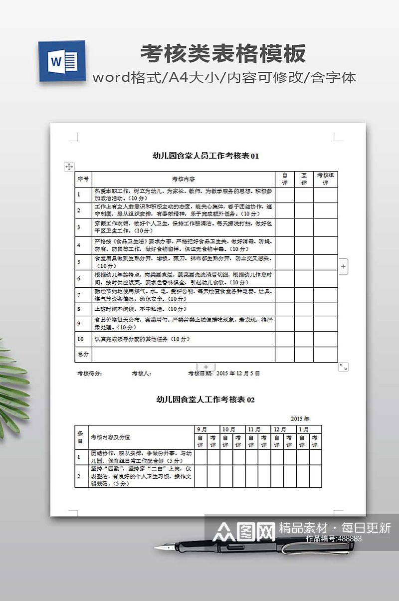 食堂人员工作考核表素材