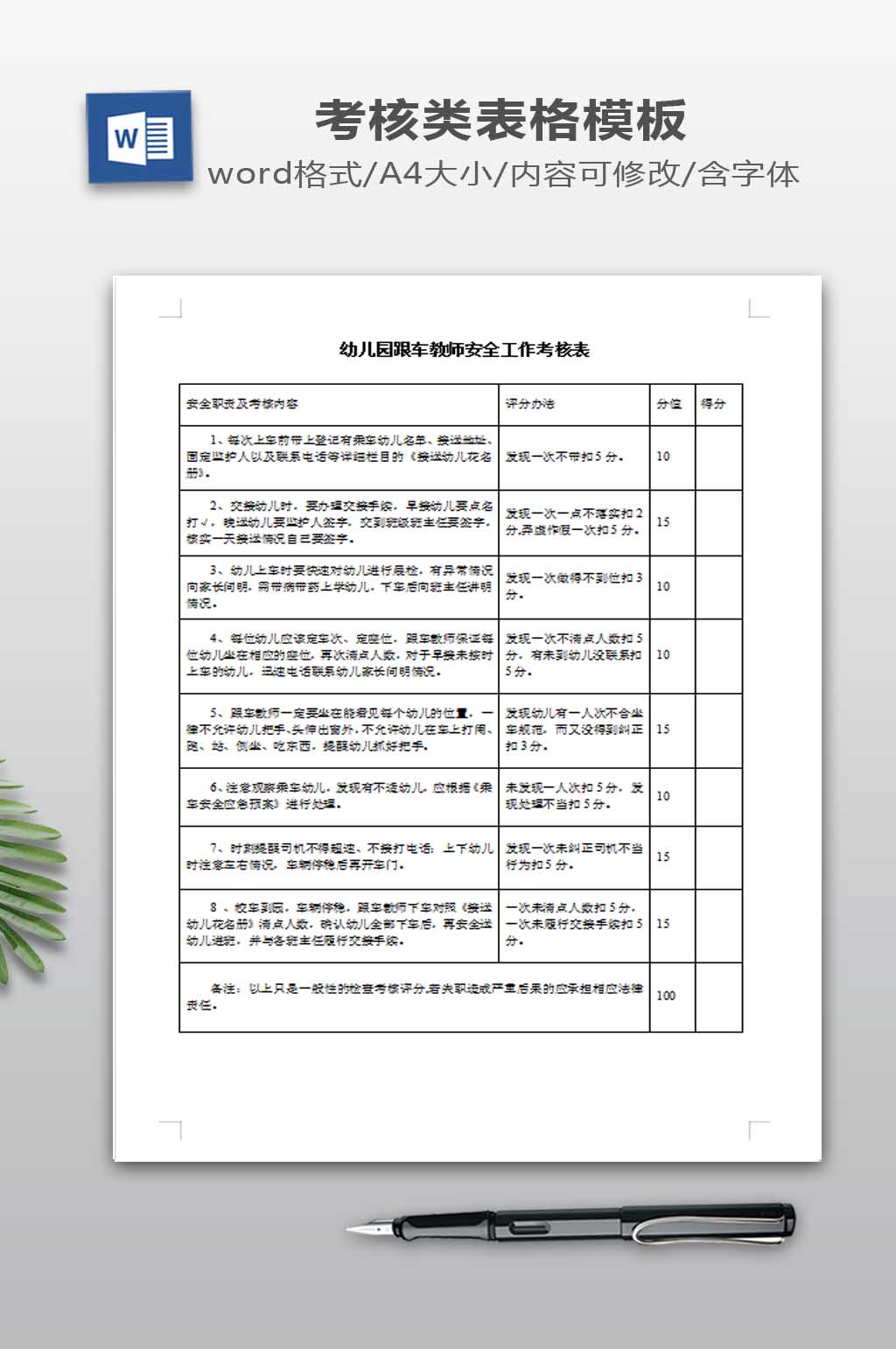 教师安全工作绩效考核表素材