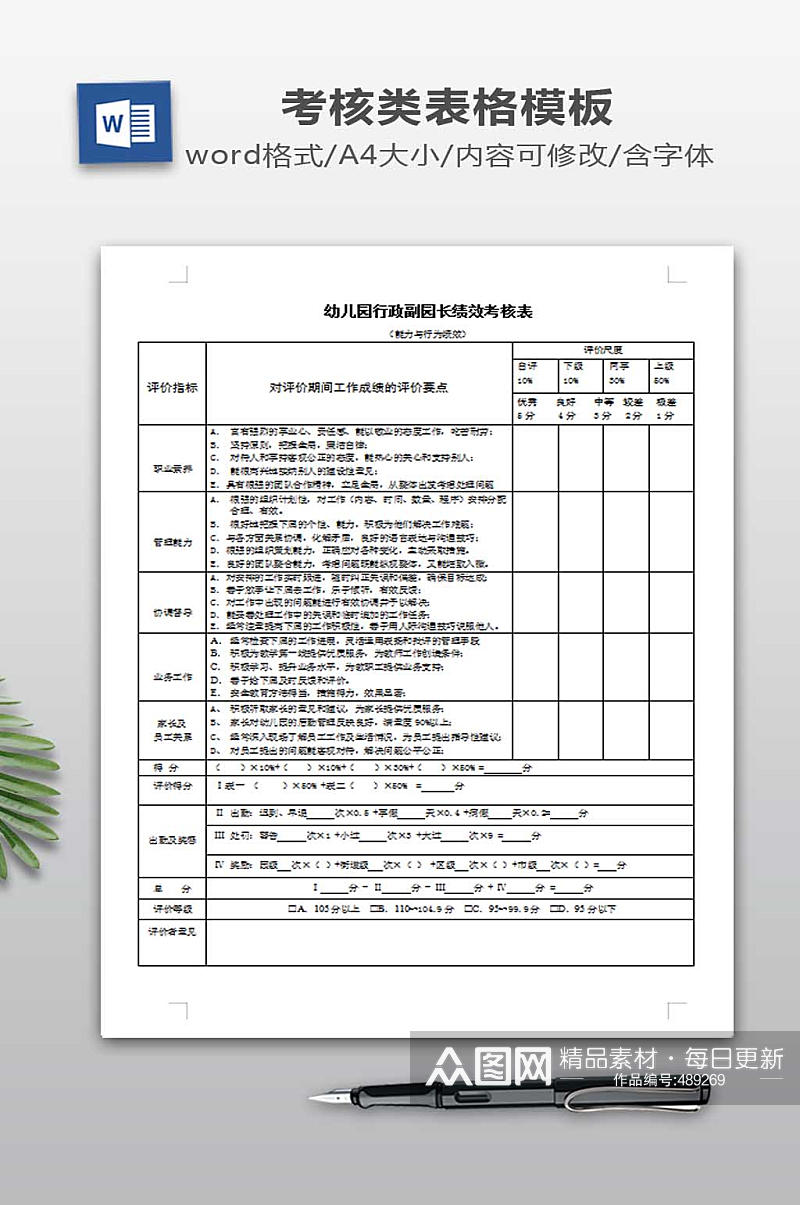 行政副园长绩效考核表素材