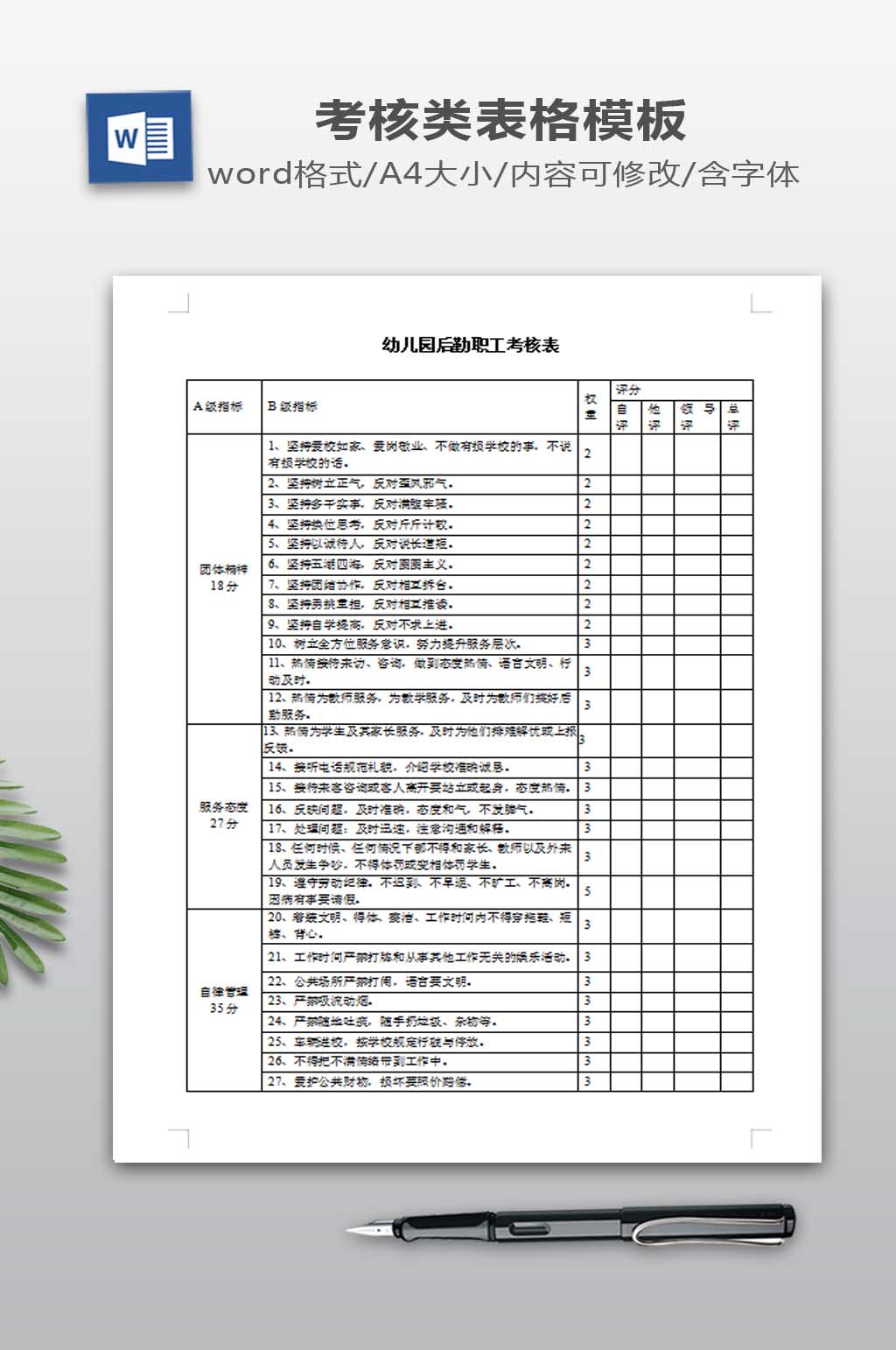 后勤职工考核表下载素材