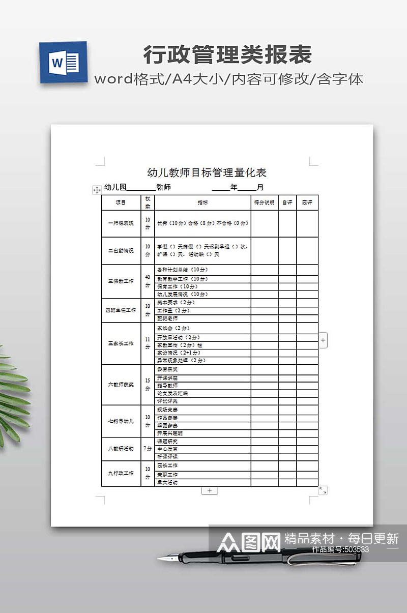 幼儿教师目标管理量化表素材