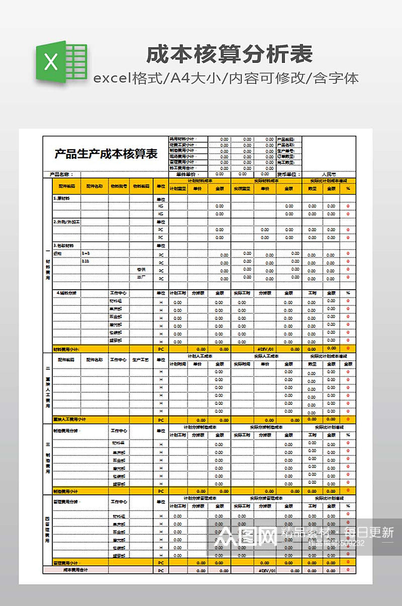 成本核算表模板下载素材