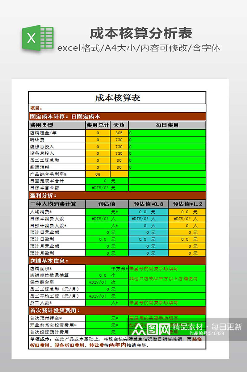 餐饮门店成本核算表素材