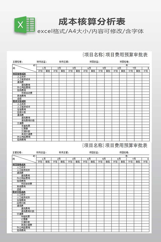项目成本核算表模板