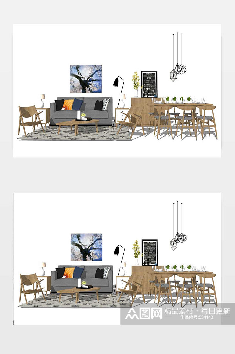 轻奢客餐厅su模型图素材