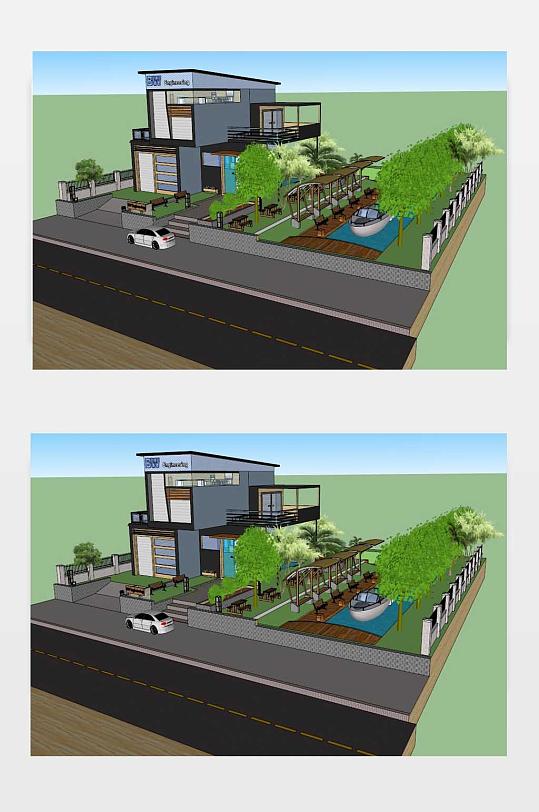 欧式咖啡店建筑及休闲场所SU模型