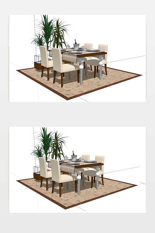 欧式餐桌餐具搭配室内植物景观SU模型