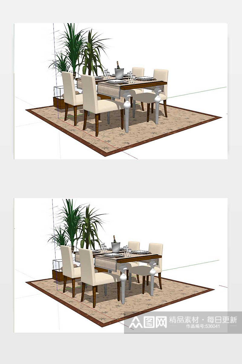 欧式餐桌餐具搭配室内植物景观SU模型素材