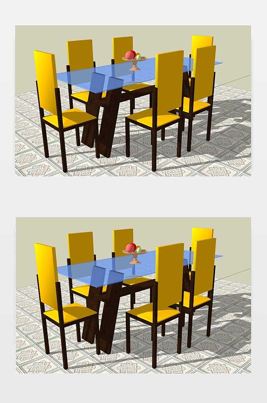 中式地板砖餐桌椅SU模型