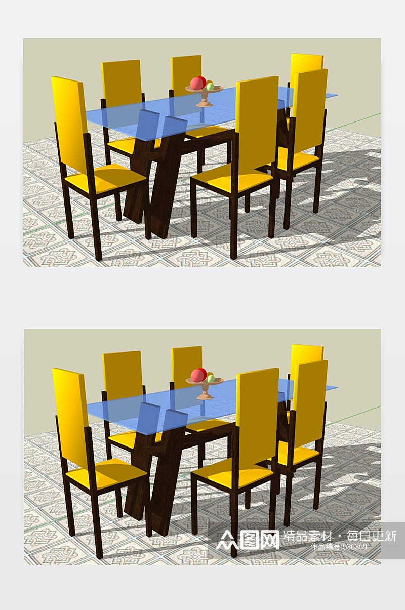 中式地板砖餐桌椅SU模型素材