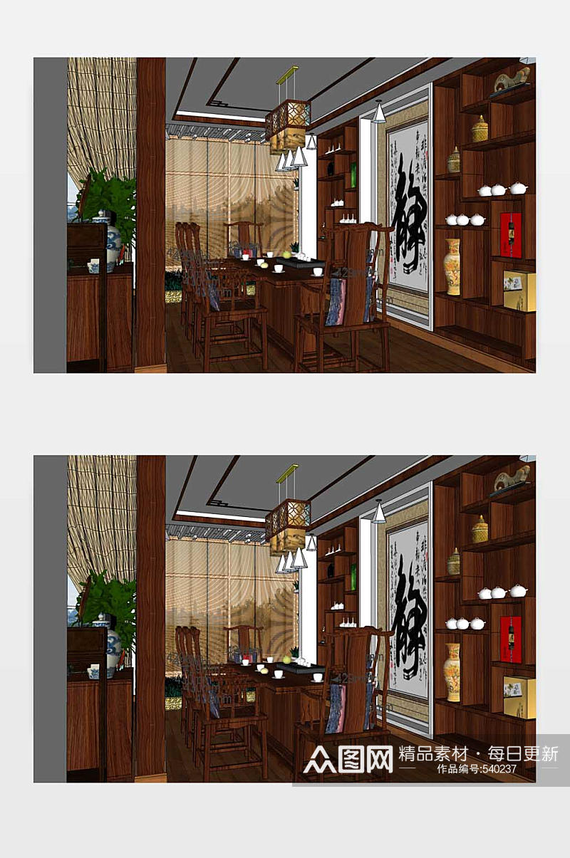 中式餐厅SU模型图下载素材